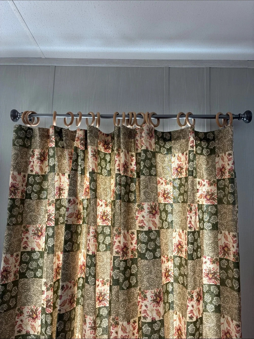 Custom lined Drapes Cottagecore Green Floral with wooden hoop hangers